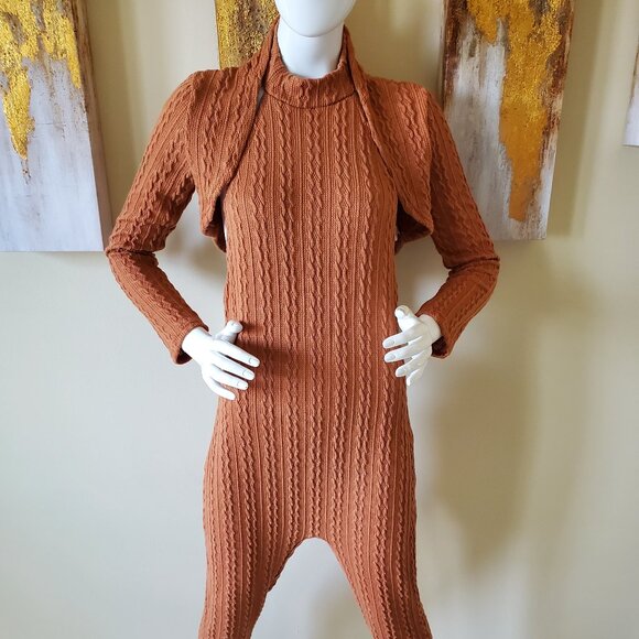 Women's Brown Stretch Knitted Two-Piece Outfit SZ L - Picture 1 of 13